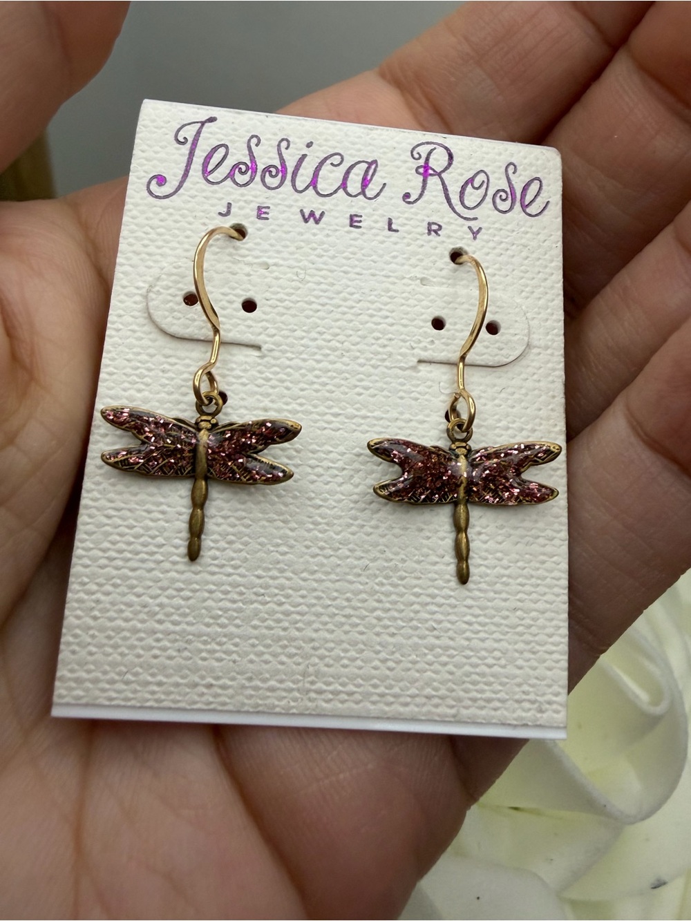 Jessica Rose Gold-Tone Dragonfly Earrings with Pink Sparkle